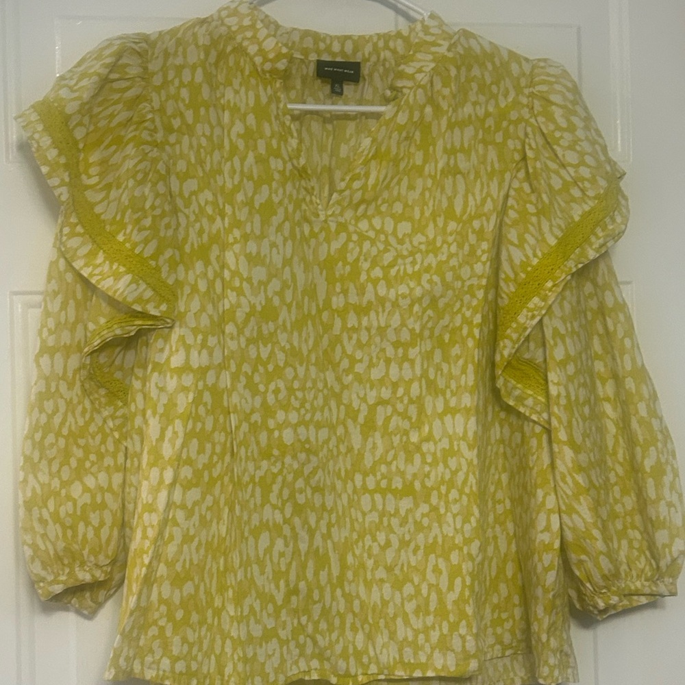 Who What Wear Yellow and White Patterned Blouse